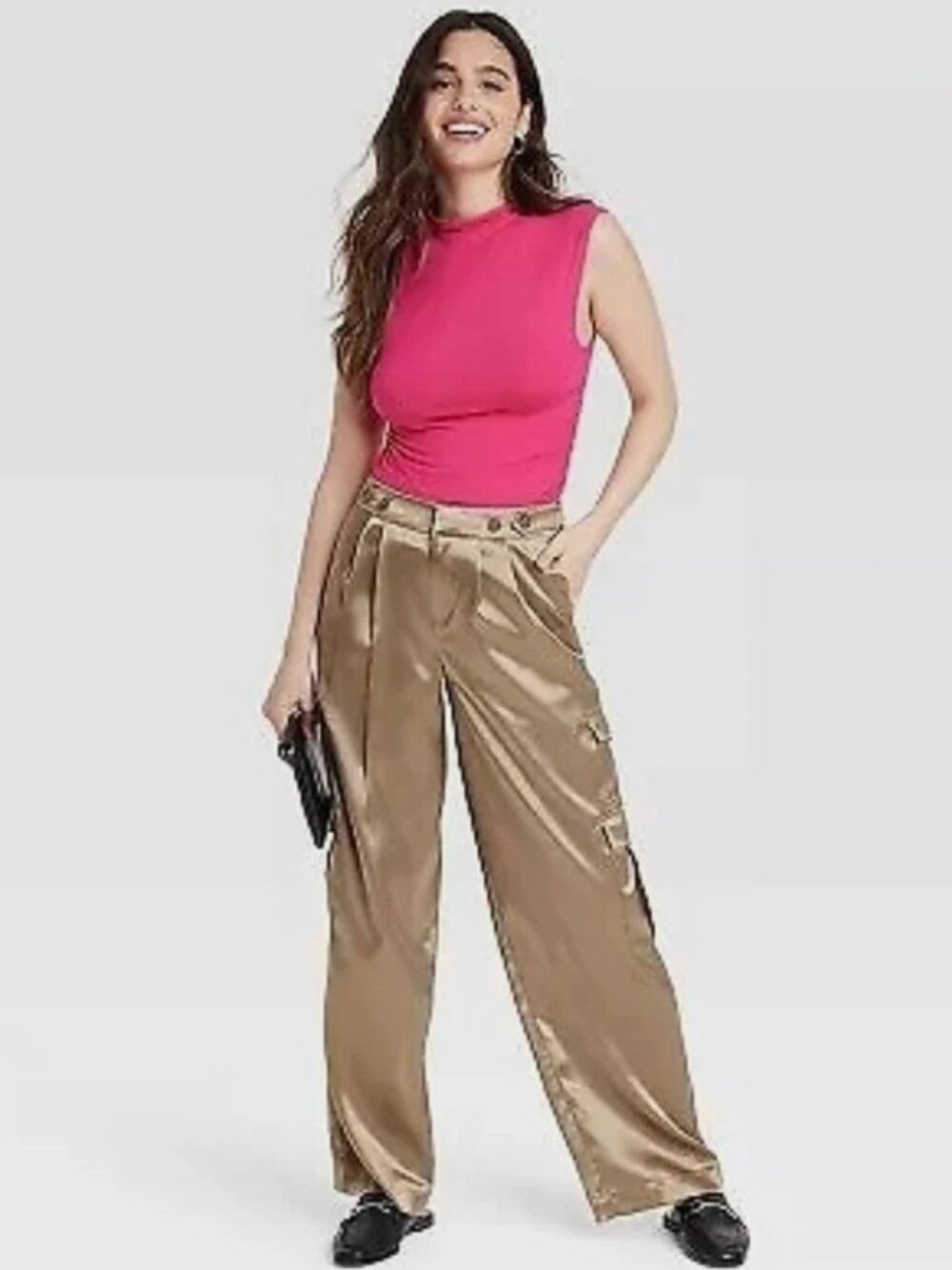 NWT Metallic Gold Satin Cargo Wide Leg Pants size 12